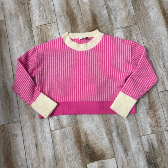 FLAT WHITE Sweaters - Flat White Pink and Cream Striped Crewneck Sweater-Cropped (Anthropologie)